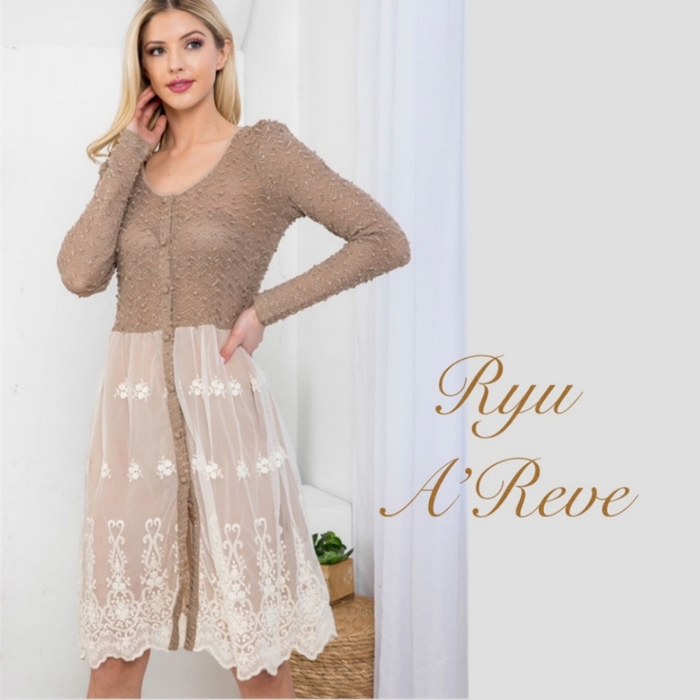 Ryu/Areve Long Sleeve Button Down Lace Sweater Dress